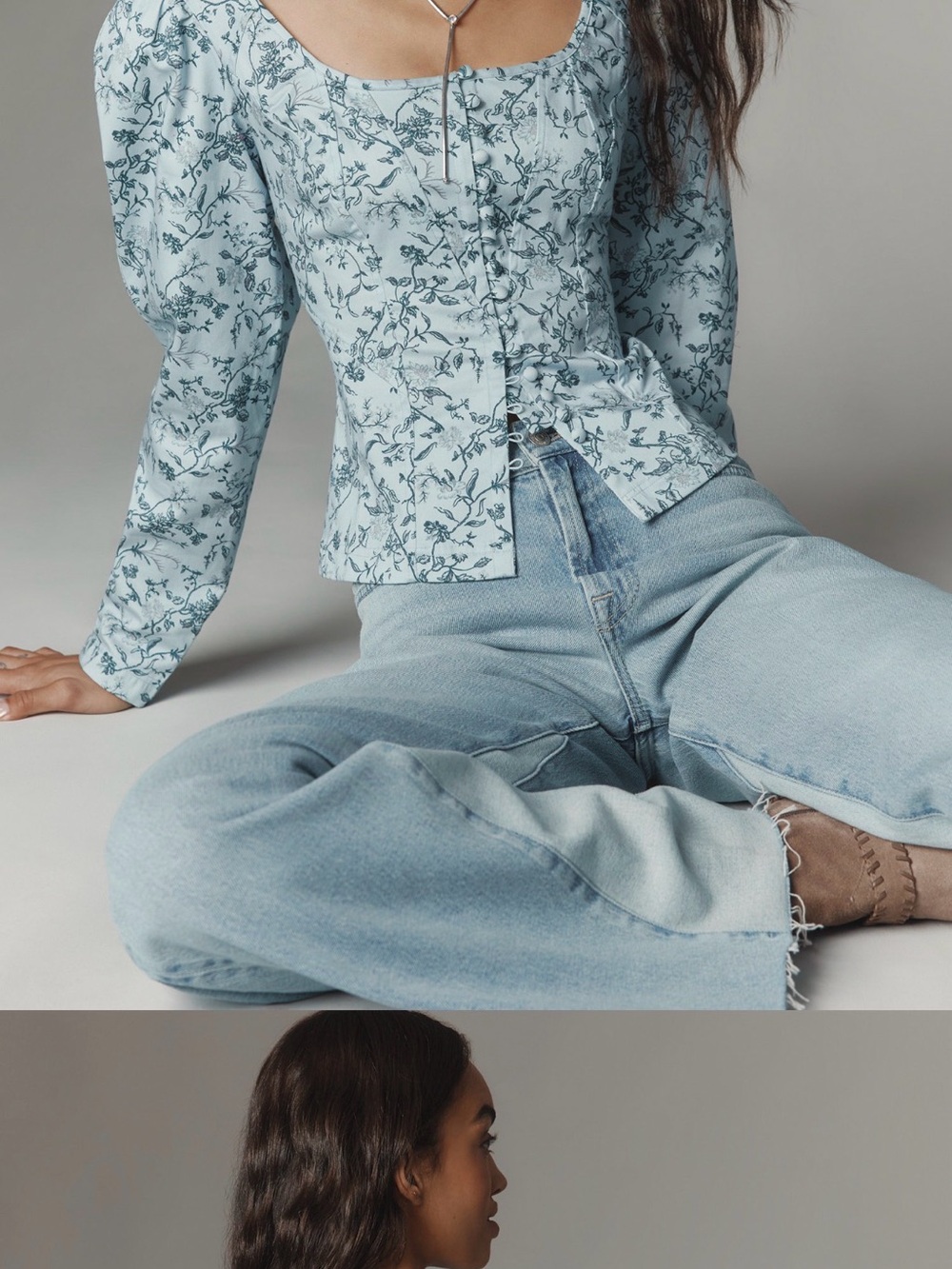 Anthropologie Light Blue Floral Puff-Sleeve Blouse